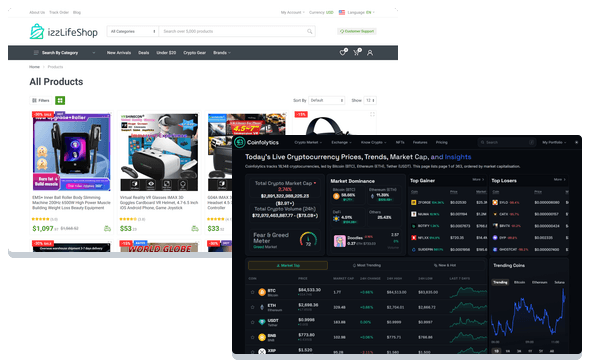 The IzzLifeShop catalog and the Coinfolytics market dashboard